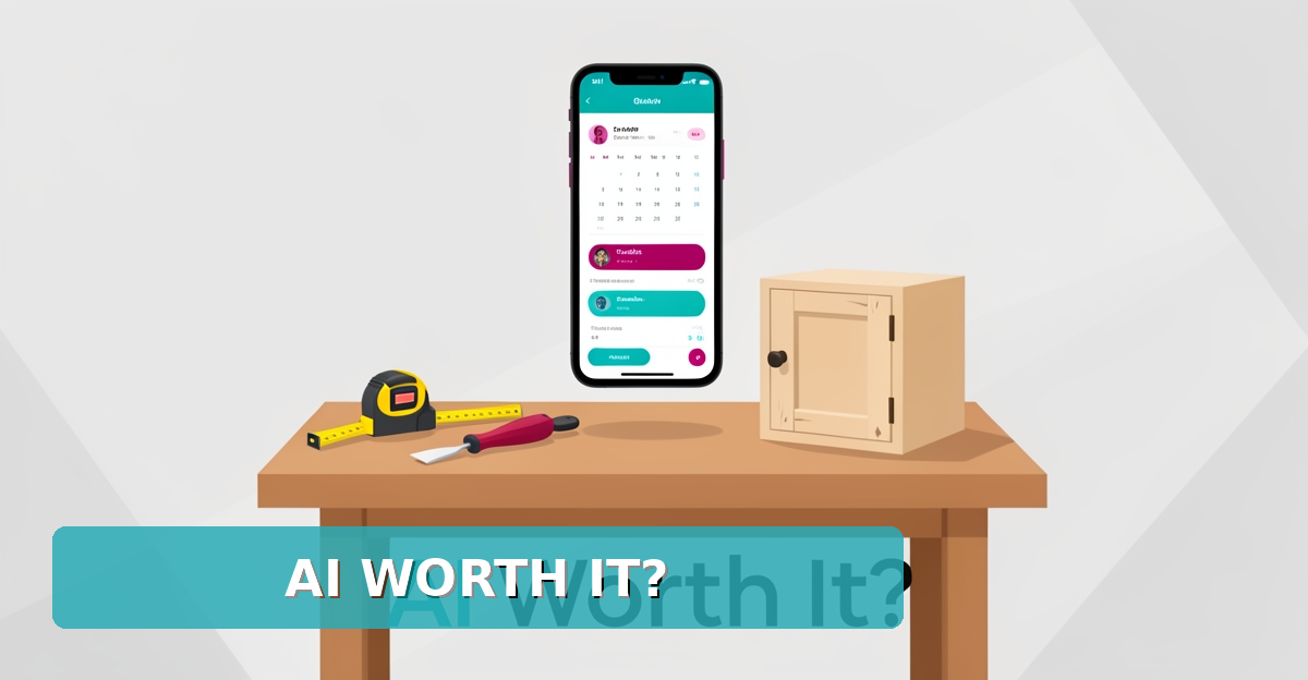 Flat illustration of carpentry tools and AI scheduling phone showing how AI reduces missed calls for small trades businesses.
