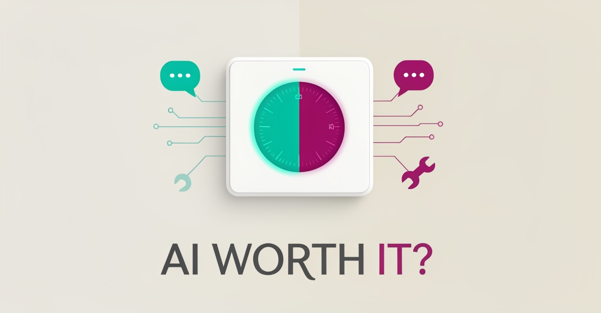 Flat illustration of a smart thermostat with AI chat icons and tools, asking whether AI support is worth it for HVAC troubleshooting.