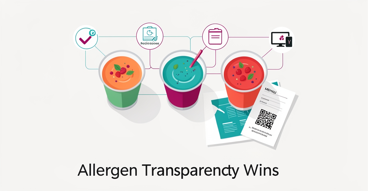 Flat illustration of smoothies and QR menu with digital allergen data sync and teal magenta accents.