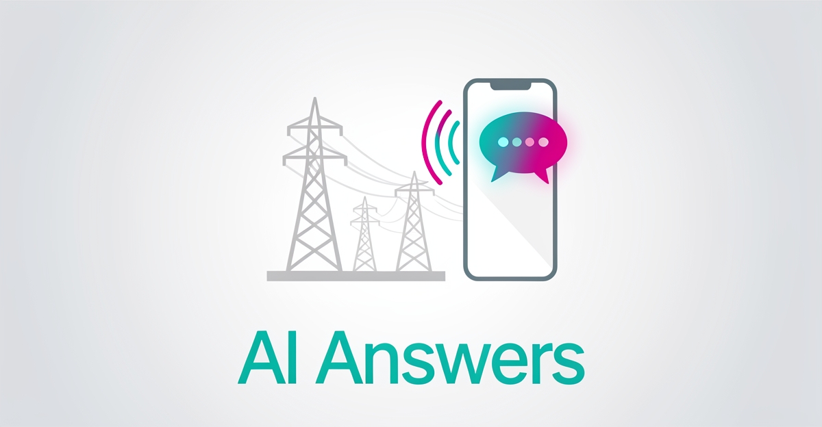 Flat illustration of a substation and smartphone with AI voice waves, symbolizing automated permit inquiry call handling.