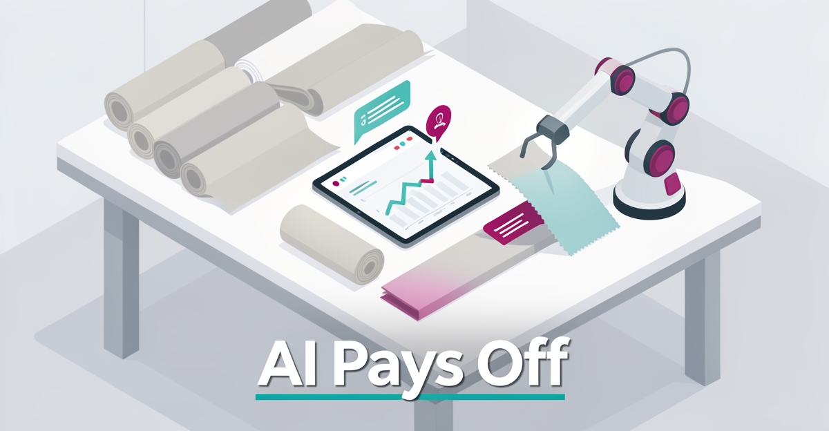 Minimalist isometric upholstery shop workspace with tablet showing AI analytics and robotic fabric handling, teal and magenta accents.