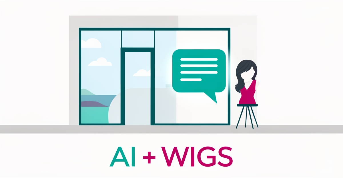 Flat illustration of a wig boutique with a glowing AI chat bubble, styled in teal and magenta brand colors with a modern headline.