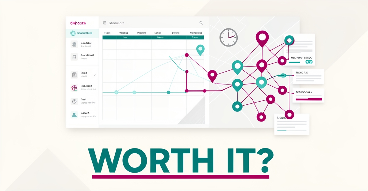 Flat illustration of a dispatch dashboard with routes, calendar, and clock in teal and magenta, headlined 'Worth It?'