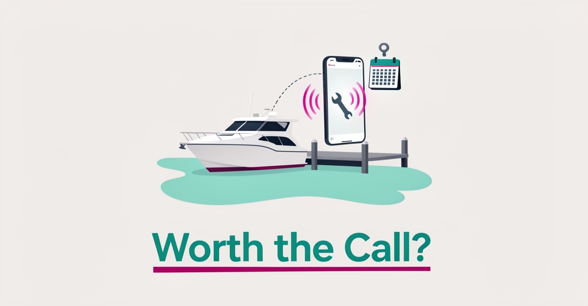 Flat illustration of a marina boat dock beside a smartphone with glowing soundwaves symbolizing AI answering missed calls for marine repair shops.
