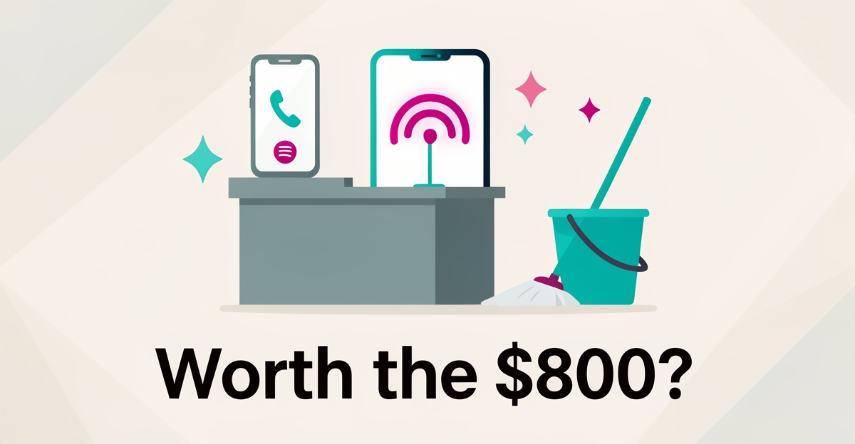 Flat illustration showing AI receptionist call handling for office cleaning business with teal and magenta accents.