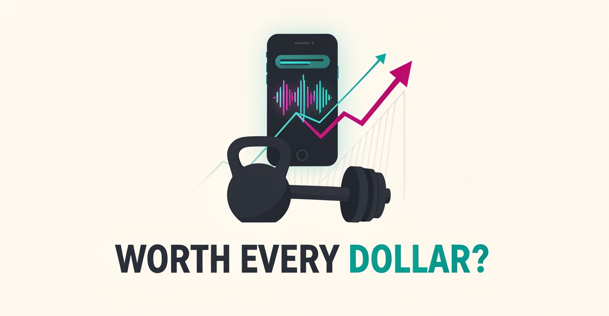Flat illustration of a smartphone with AI audio interface above gym equipment and a rising ROI graph in teal and magenta accents.