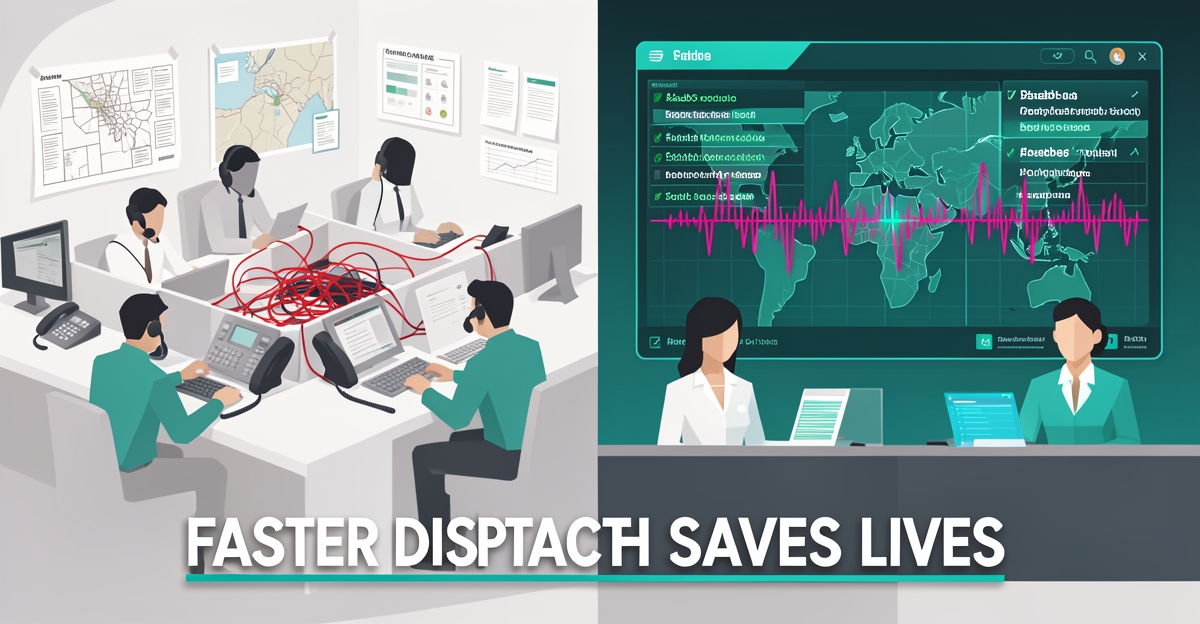 Flat illustration contrasting chaotic 911 dispatch with AI-assisted streamlined workflow showing teal and magenta data flows.