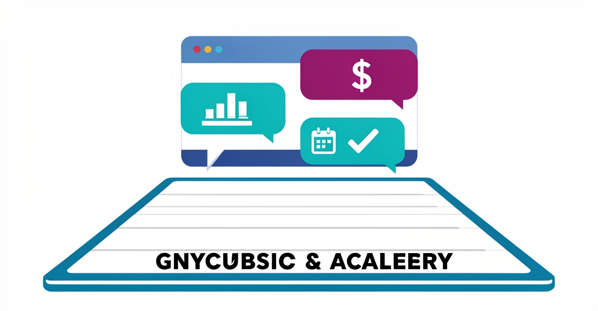 A clean modern flat illustration of a chatbot with speech bubbles showing class level, fee, and availability icons above a gymnastics mat, using brand colors #2aabb6 and #d946ef, with the headline 'AI Handles 90% of Queries' in the lower third.