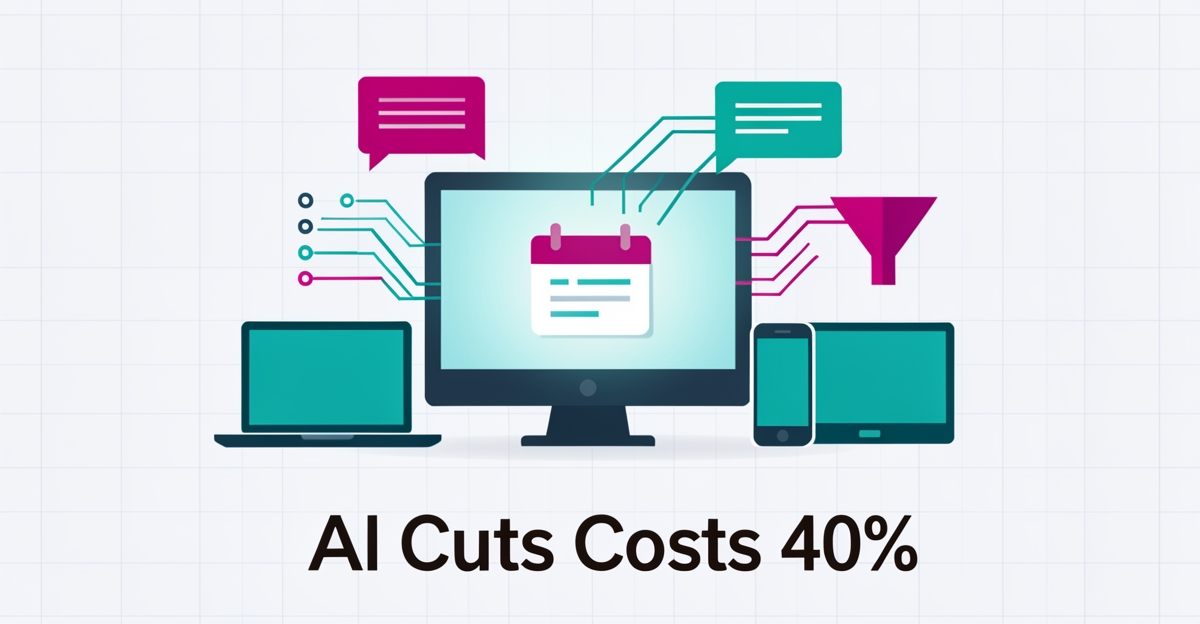 Flat illustration showing AI chat interface converting e-waste inquiries into booked appointments with teal and magenta accents.