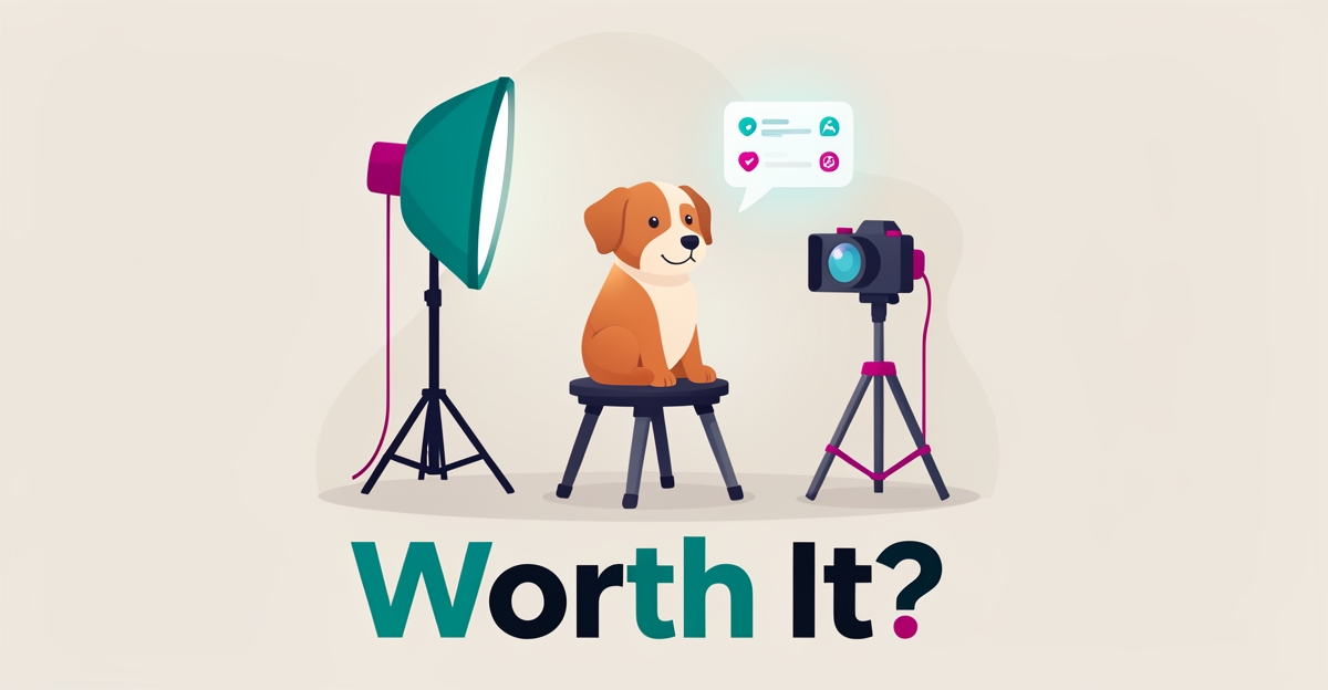 Flat illustration of a dog in a photo studio with chat bubbles symbolizing an AI assistant handling pet photography inquiries.