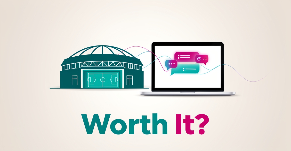 Flat illustration of a sports facility with a laptop chat interface in teal and magenta, headlined 'Worth It?'