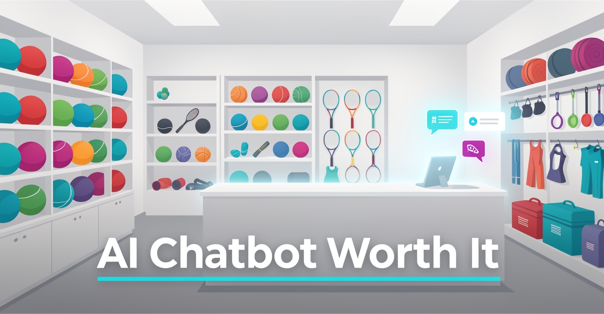 Modern flat illustration of a sporting goods store with subtle AI chatbot elements and the headline 'AI Chatbot Worth It' in the lower third, using brand colors #2aabb6 and #d946ef as accents.
