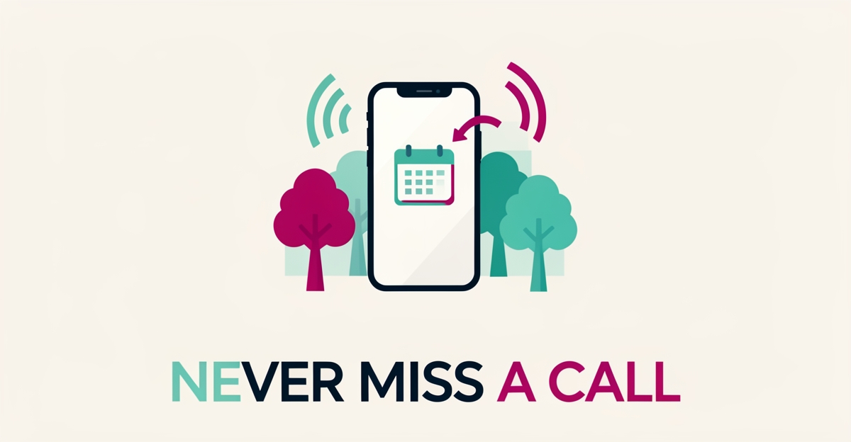 Flat illustration of a smartphone with call waves among stylized trees, symbolizing an AI phone assistant answering tree service calls 24/7.