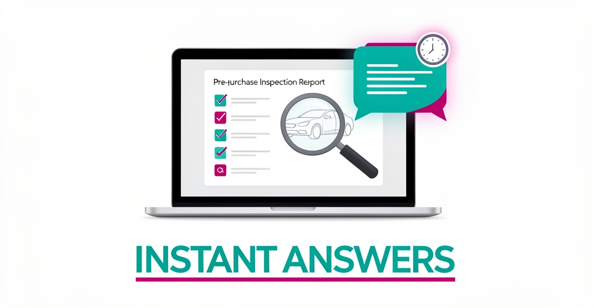 Flat illustration of a laptop with a car inspection checklist and glowing AI chat bubbles, accented in teal and magenta.