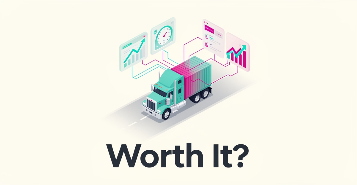 Flat illustration of a freight truck linked to rising analytics dashboards with teal and magenta accents, headline reading Worth It.