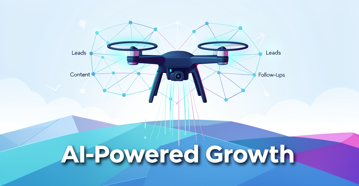 A minimalist flat illustration of a drone over a landscape with AI data streams, brand color accents, and the headline 'AI-Powered Growth' in the lower third.