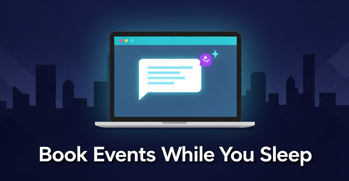 A minimalist night-time laptop screen with AI chatbot glow, brand-colored accents, and the headline 'Book Events While You Sleep' in the lower third, symbolizing 24/7 lead capture for event decor pros.