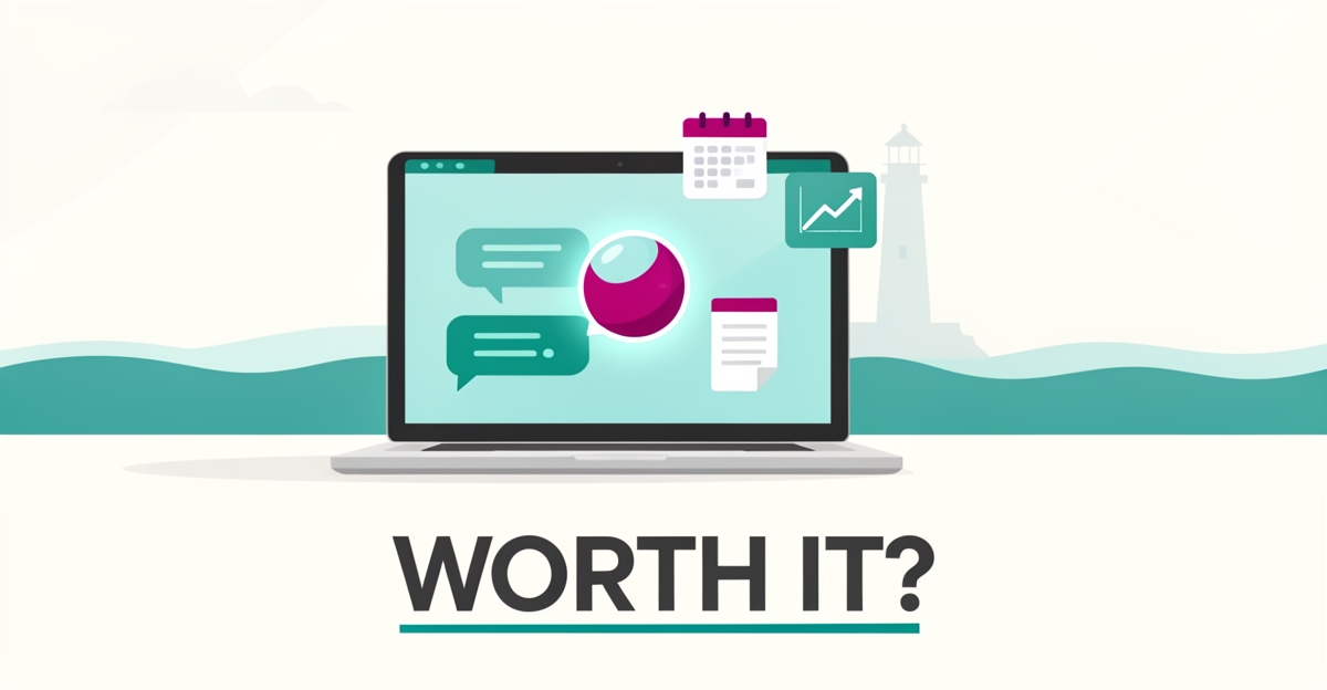 Flat illustration of a laptop with an AI chatbot interface and floating productivity icons, accented in teal and magenta, with the headline Worth It?
