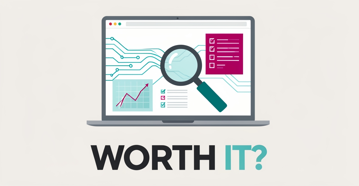 Flat illustration of a magnifying glass over AI-driven financial data on a laptop, accented in teal and magenta, with the headline WORTH IT?