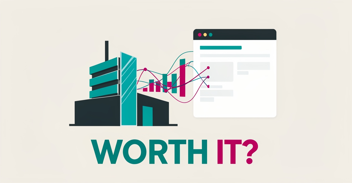 Flat illustration of a glass manufacturing plant linked to a digital website interface with data-flow accents in teal and magenta, headlined 'Worth It?'.