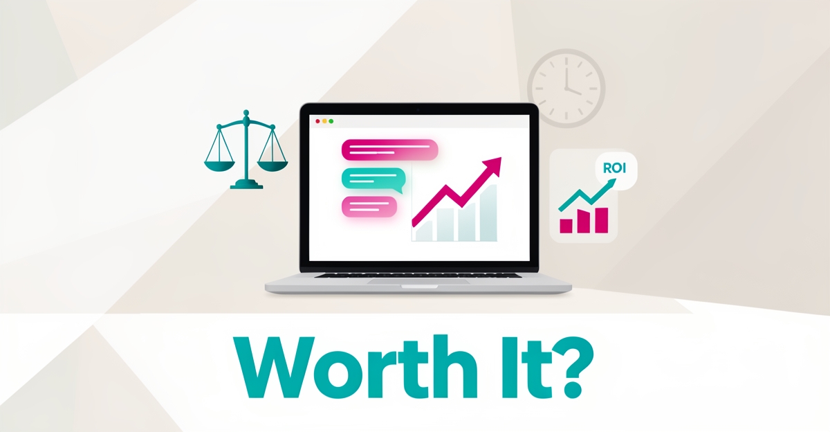 Flat illustration of a laptop with AI chat bubbles, a balance scale, and a rising ROI chart in teal and magenta accents.