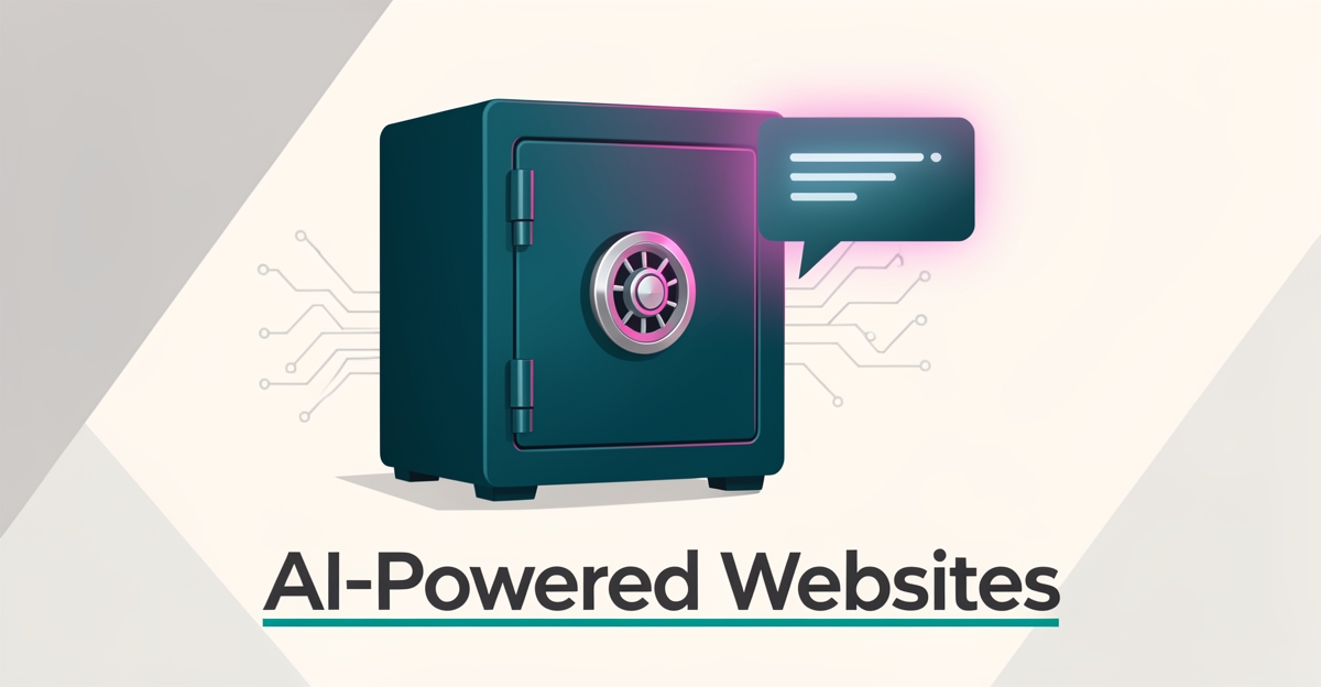 Flat illustration of a teal security safe beside a glowing AI chat bubble, representing AI-powered websites for safe installation businesses.