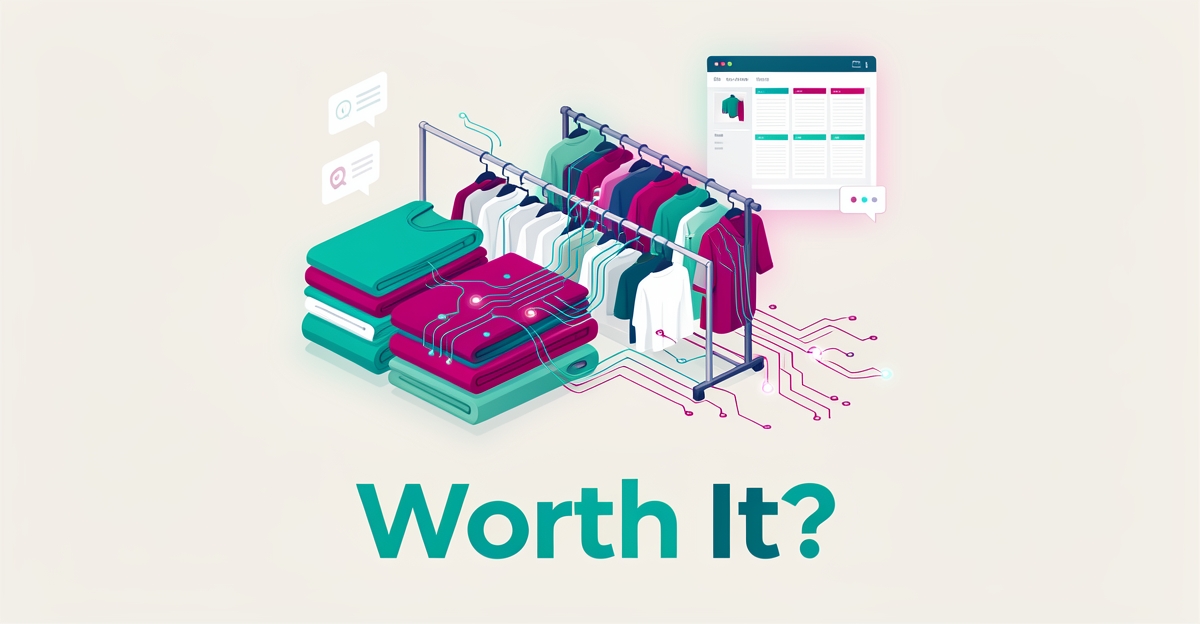 Flat illustration of folded fabrics and a garment production line merging with glowing digital circuit elements in teal and magenta accents.