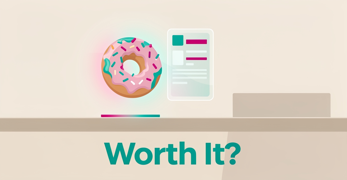 Flat illustration of a donut with a glowing AI interface panel in teal and magenta, headlined 'Worth It?'