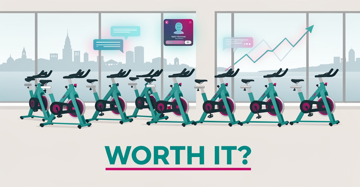 Flat illustration of a modern indoor cycling studio with AI chat interface elements and Halifax skyline, accented in teal and magenta.