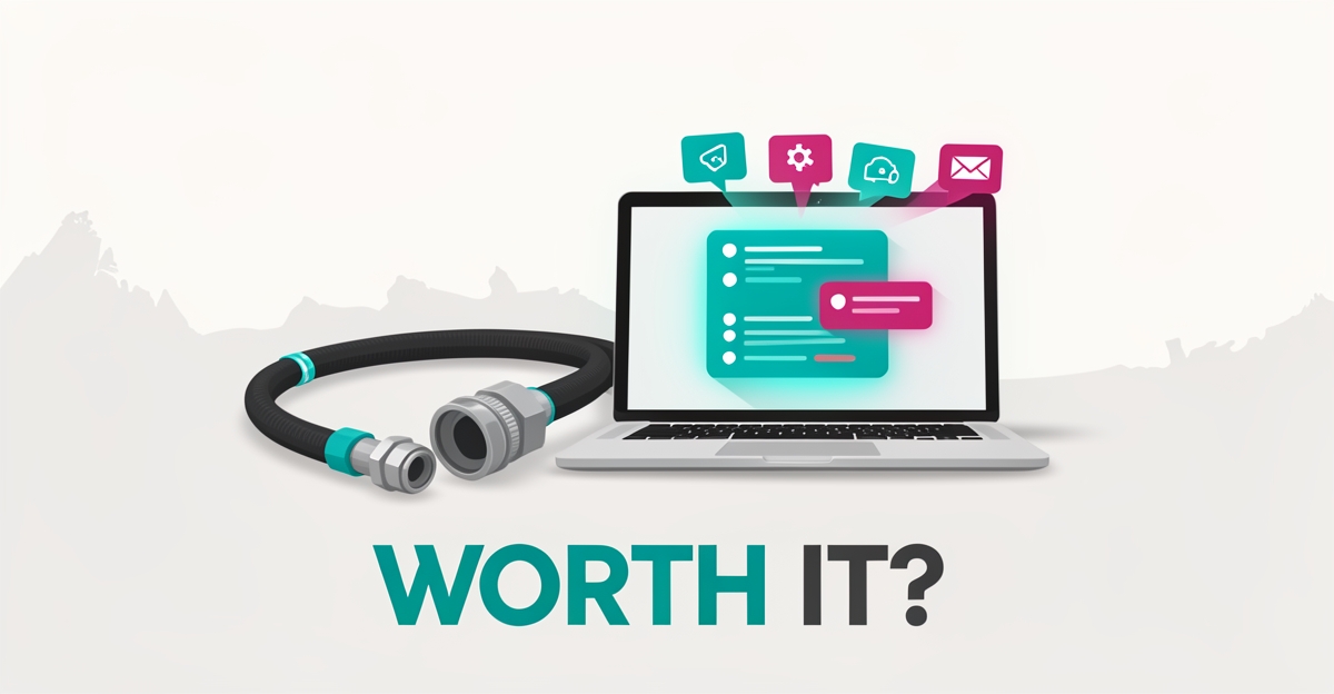 Flat illustration of an industrial hose beside a laptop with glowing lead notifications, accented in teal and magenta, with headline 'WORTH IT?'