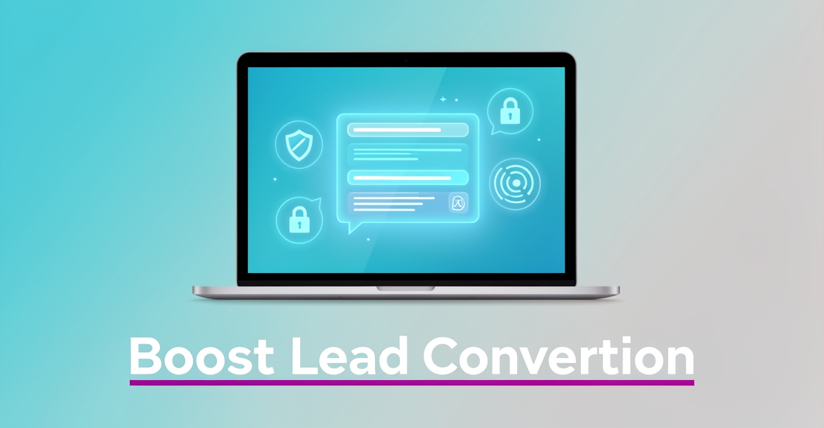 A modern flat illustration of a laptop with AI chat interface and security icons, featuring the headline 'Boost Lead Conversion' in brand colors, suitable for a Nova Scotia security business blog.