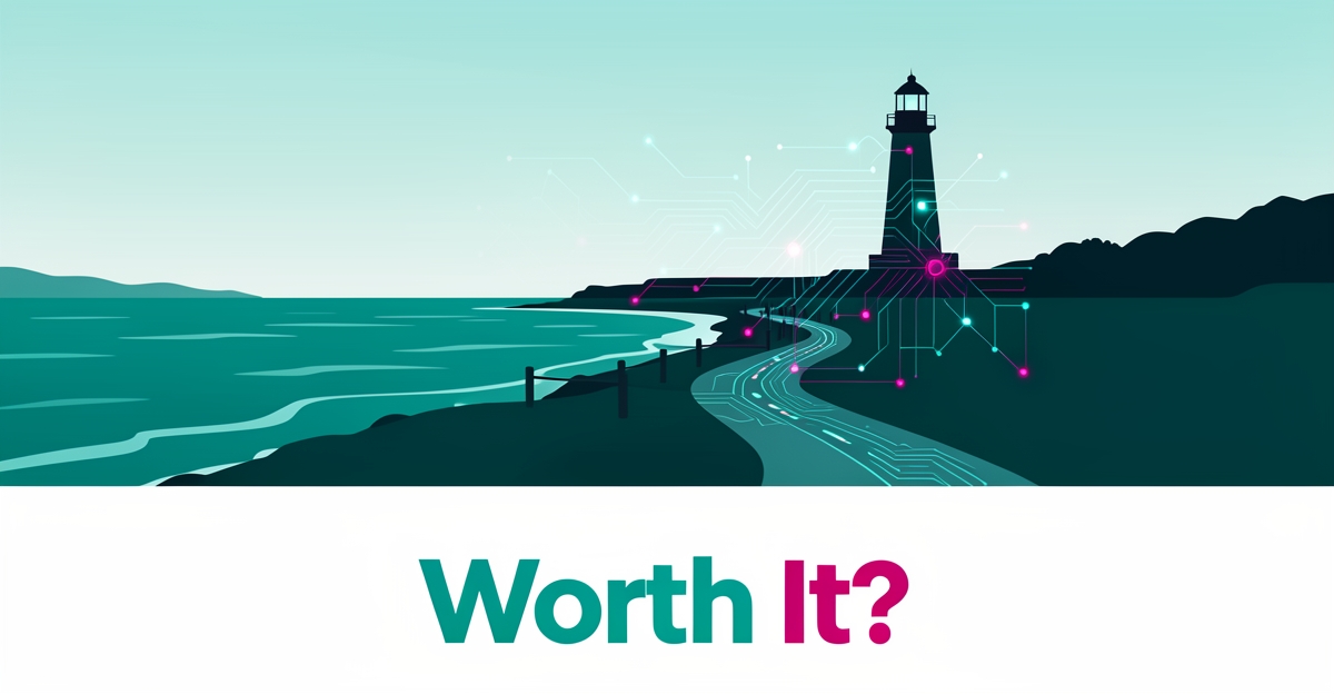 Flat illustration of a Nova Scotia coastal trail with a lighthouse and glowing AI network lines in teal and magenta, headlined 'Worth It?'.