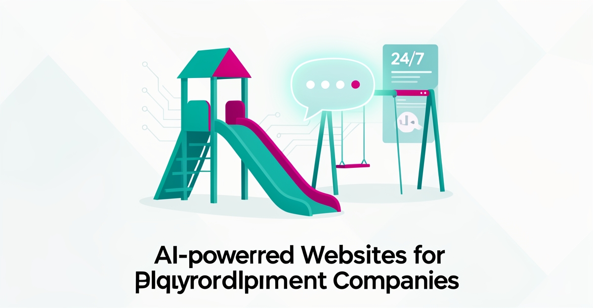 Flat illustration of a playground slide with digital chat interface elements in teal and magenta, symbolizing AI-powered websites capturing leads around the clock.