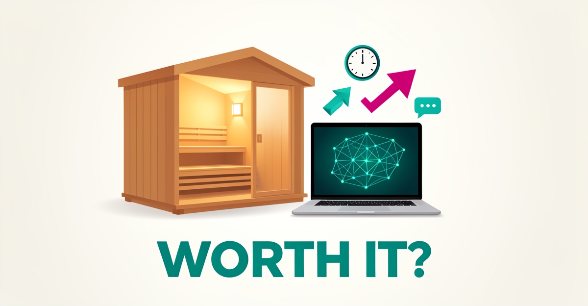 Flat illustration of a glowing wooden sauna cabin beside a laptop with AI network graphics in teal and magenta, headlined 'Worth It?'