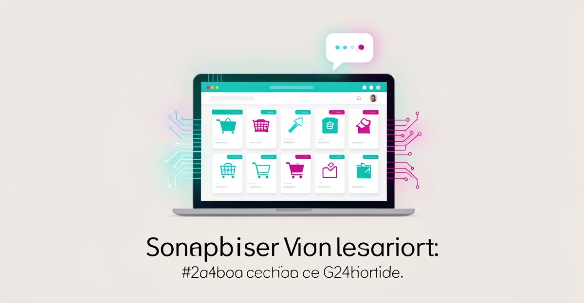 Flat illustration of a laptop with an e-commerce shop grid and glowing AI accents in teal and magenta, with headline 'AI That Sells'.