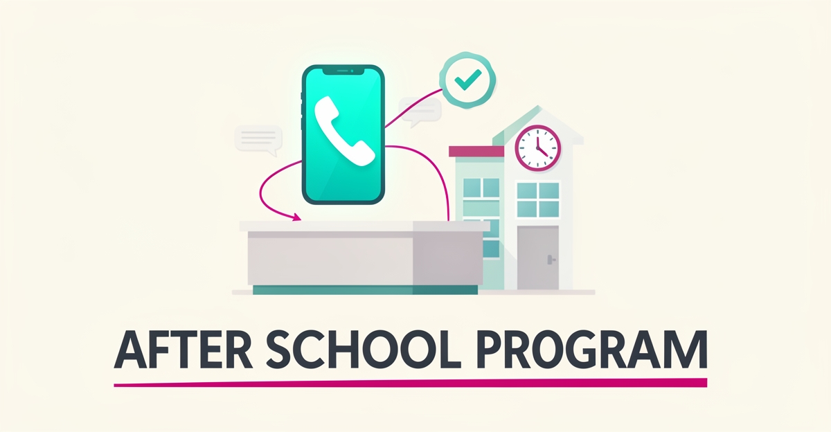 Flat illustration of a smartphone handling calls beside a reception desk with teal and magenta accents, symbolizing an AI receptionist for after-school programs.