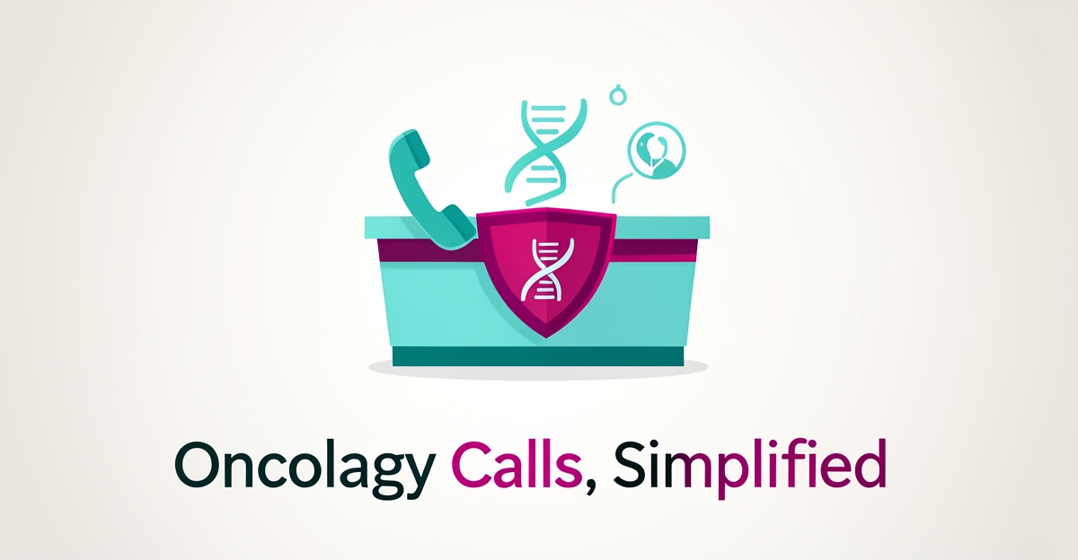 Flat illustration of AI reception desk with HIPAA shield and oncology motif using teal and magenta accents.