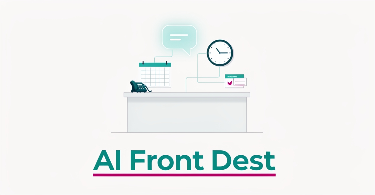 Flat illustration of an automated dental reception desk with AI scheduling icons in teal and magenta, headlined AI Front Desk.