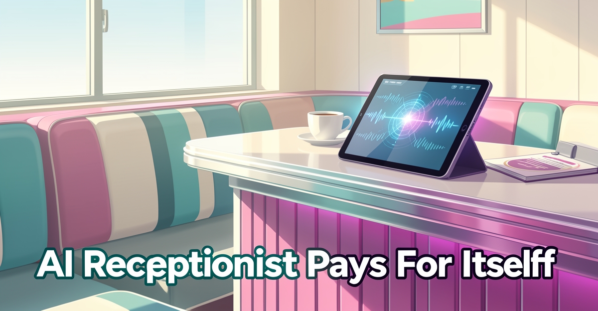 A minimalist flat illustration of a diner counter with a tablet showing an AI interface, using brand colors as accents, with a short headline in the lower third.