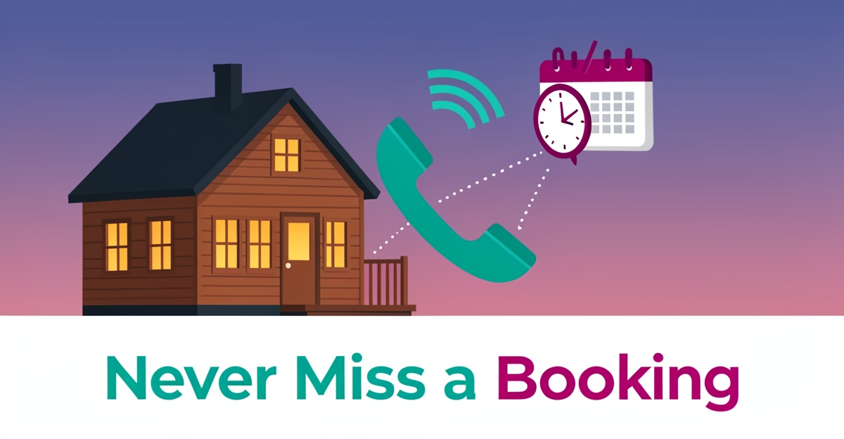 Flat illustration of a glowing cabin with a ringing phone and 24/7 clock symbolizing AI receptionist booking for cabin rentals.