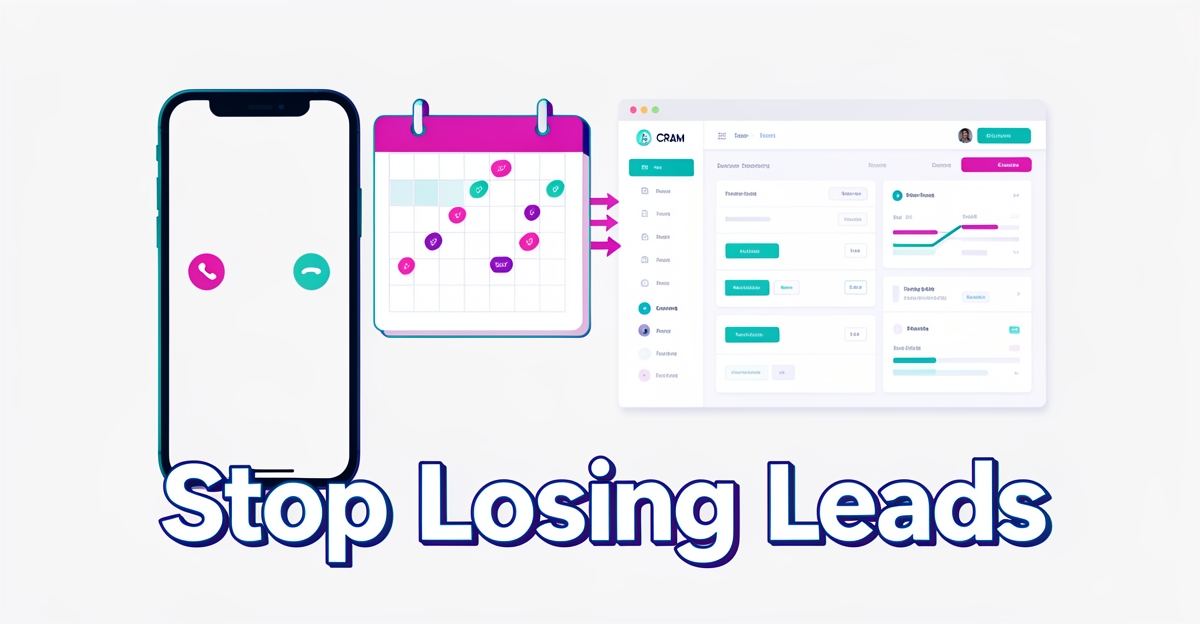 A minimalist flat illustration of a smartphone, calendar, and CRM interface with brand color accents, featuring the headline 'Stop Losing Leads' in the lower third.