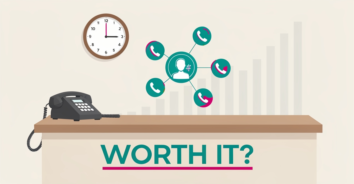 Flat illustration of a school office phone call being handled by an AI assistant in teal and magenta, with the headline 'Worth It?'