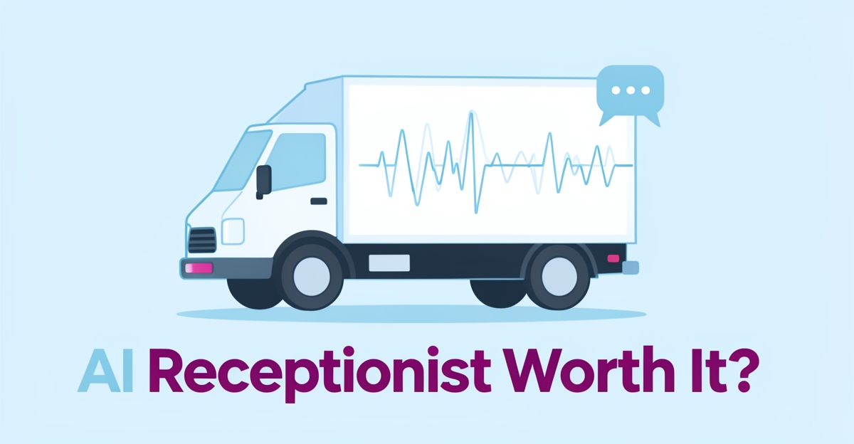 A minimalist flat illustration of a refrigerated truck with digital AI voice elements, featuring the headline 'AI Receptionist Worth It?' in the lower third using brand accent colors.