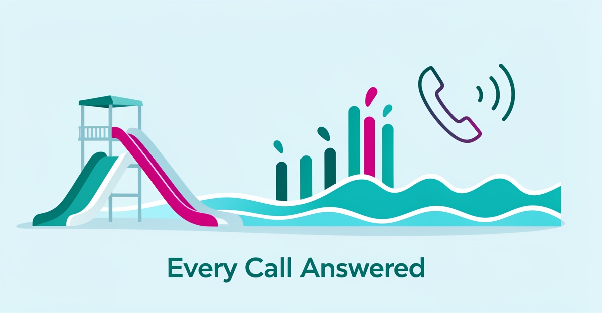 Flat illustration of a water park with a phone icon and rising call bars, symbolizing an AI receptionist handling summer call surges.