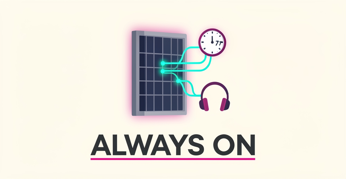 Flat illustration of a solar battery linked to a 24/7 clock and headset icon in teal and magenta, symbolizing round-the-clock AI call answering.