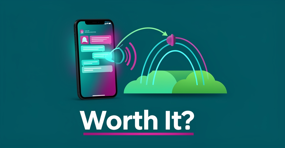 Flat illustration of a smartphone with AI chat interface beside a sprinkler watering a lawn, accented in teal and magenta.