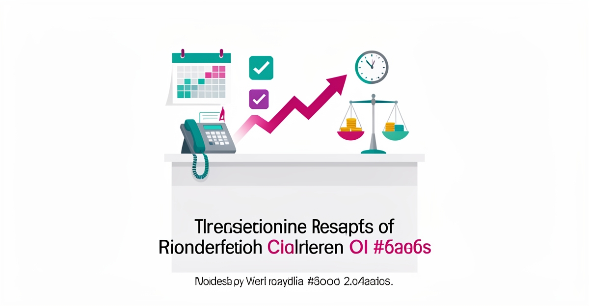 Flat illustration of a clinic reception desk with phone, calendar, and rising ROI graph in teal and magenta accents.