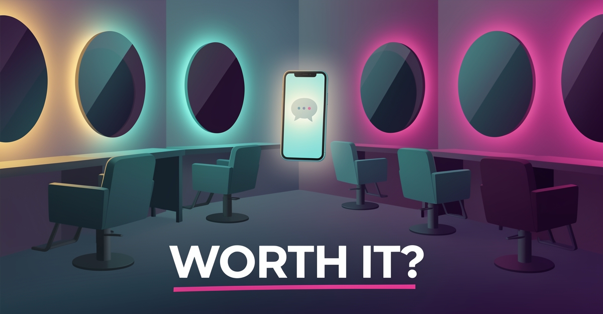 Flat illustration of a modern blow dry bar with a glowing smartphone chat icon, symbolizing an AI receptionist handling salon bookings, with headline 'Worth It?'