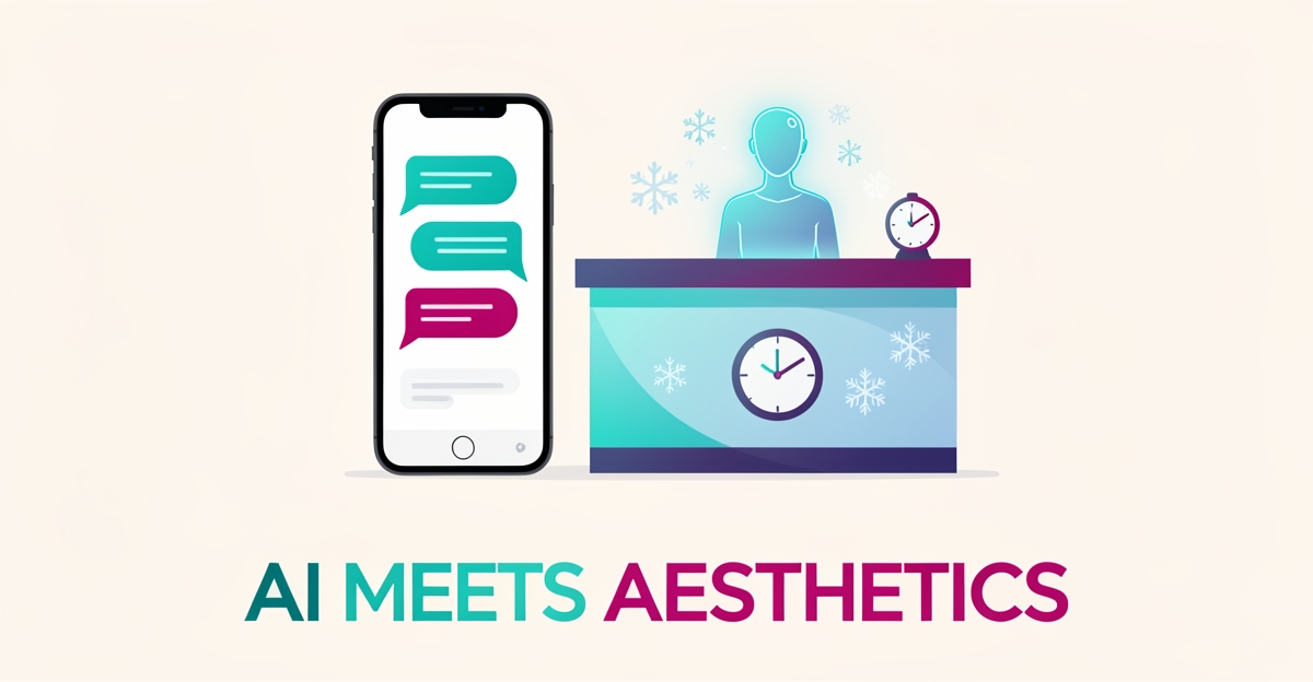 Flat illustration of a smartphone chat interface and AI receptionist icon with cooling motifs, representing 24/7 AI support for a CoolSculpting clinic.