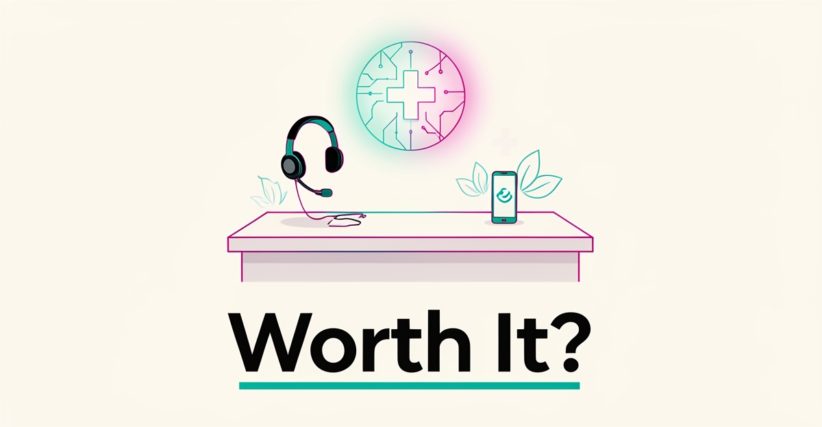 Flat illustration of a headset, phone, and AI orb in teal and magenta representing an AI receptionist for a detox center.